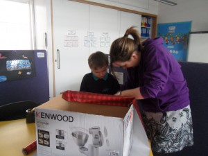 Helping to decorate the hamper box